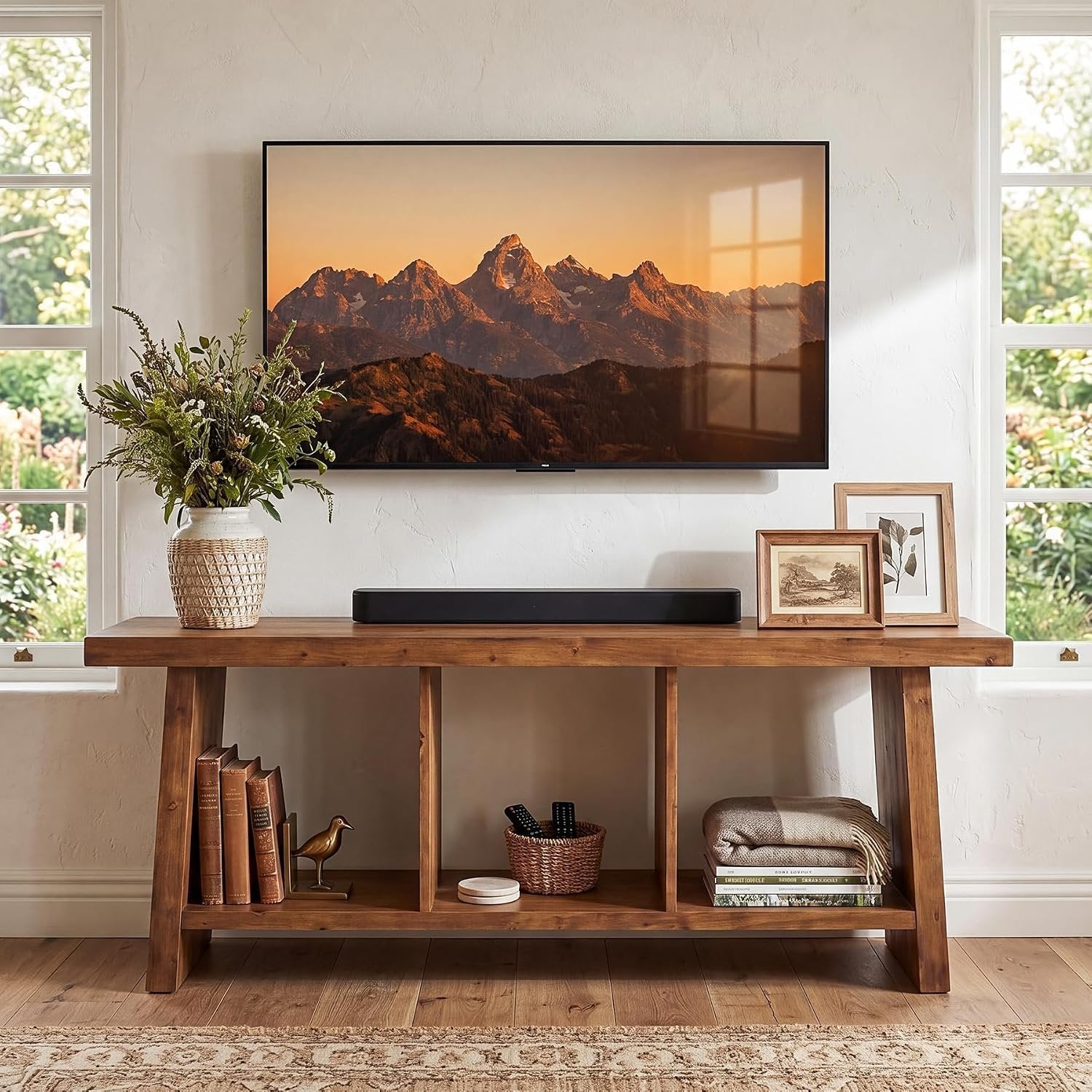 Mueble para TV de estilo rústico de 160 cm para televisores, Centro de entretenimiento con 3 estantes abiertos, mueble multimedia rústico
