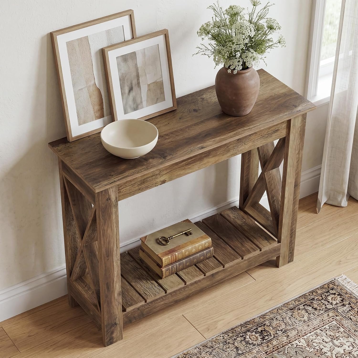 Tribesigns Mesa consola de madera 100 x 30 x 80 cm, Mesa auxiliar Mesa de sofá para espacios pequeños, mesa consola para recibidor, sala de estar, marrón vintage