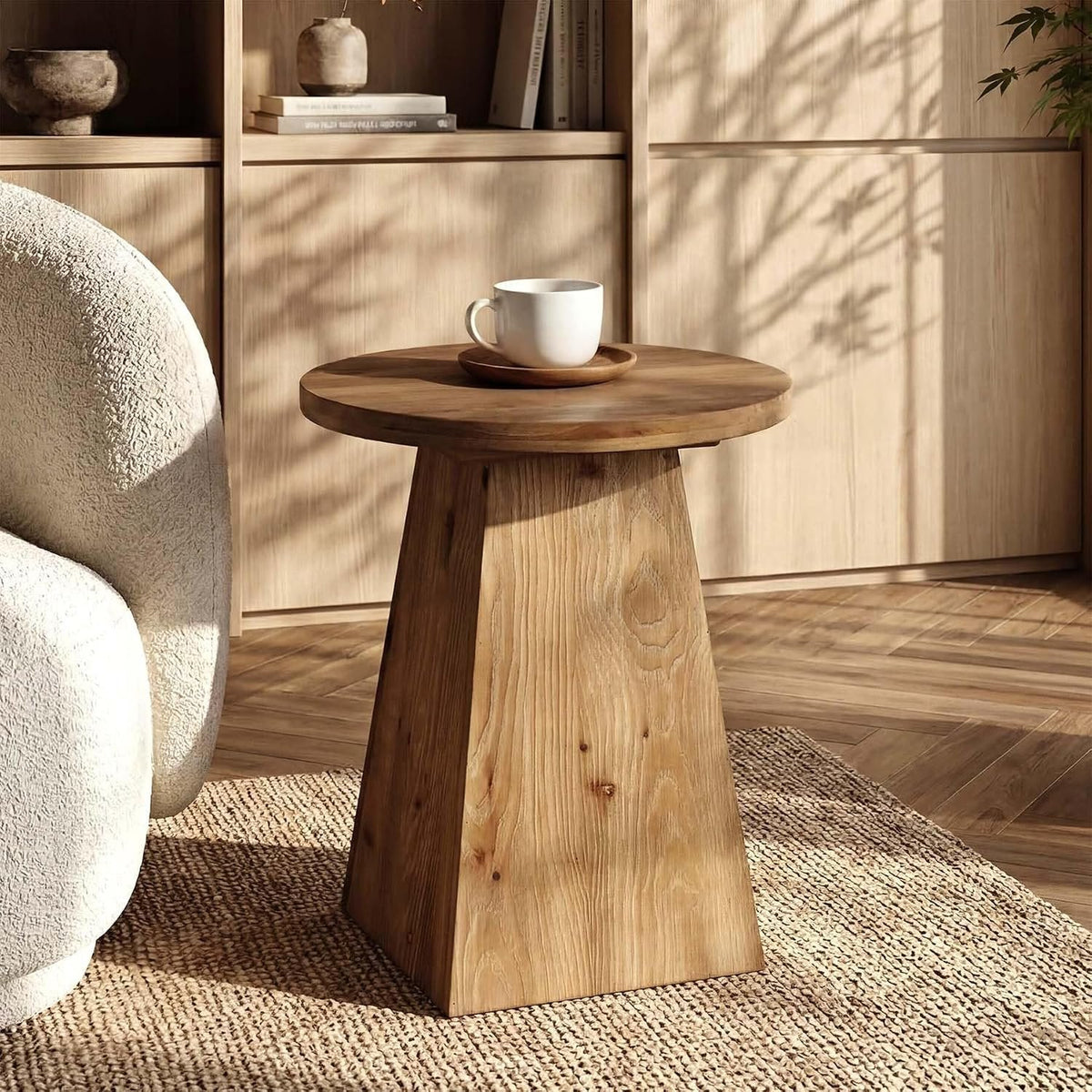 Tribesigns Mesa auxiliar redonda de madera maciza con estructura trapezoidal, mesa de sofá compacta