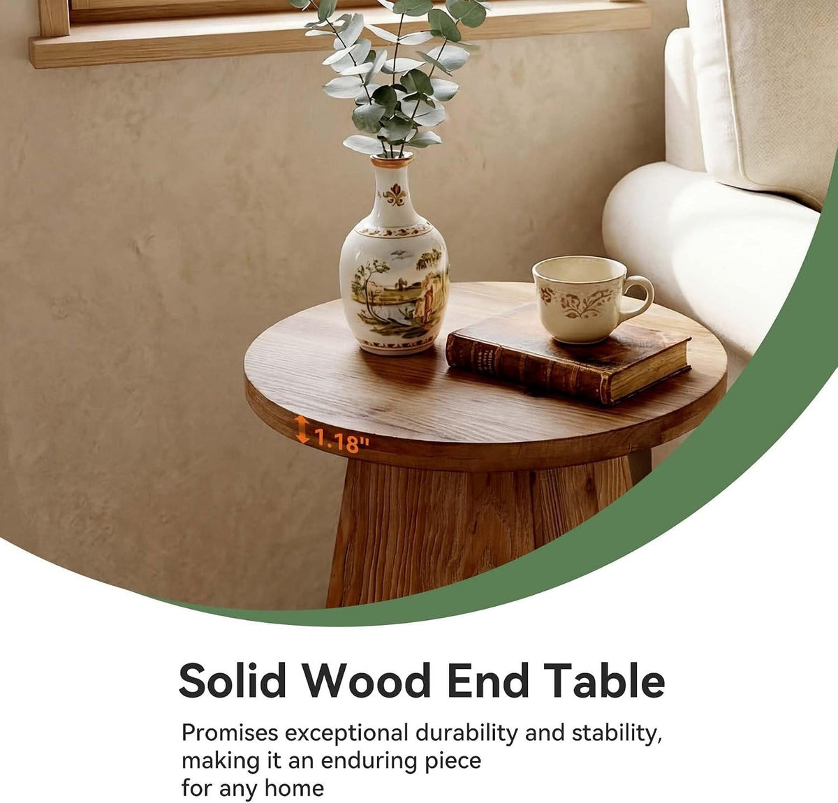 Tribesigns Mesa auxiliar redonda de madera maciza con estructura trapezoidal, mesa de sofá compacta