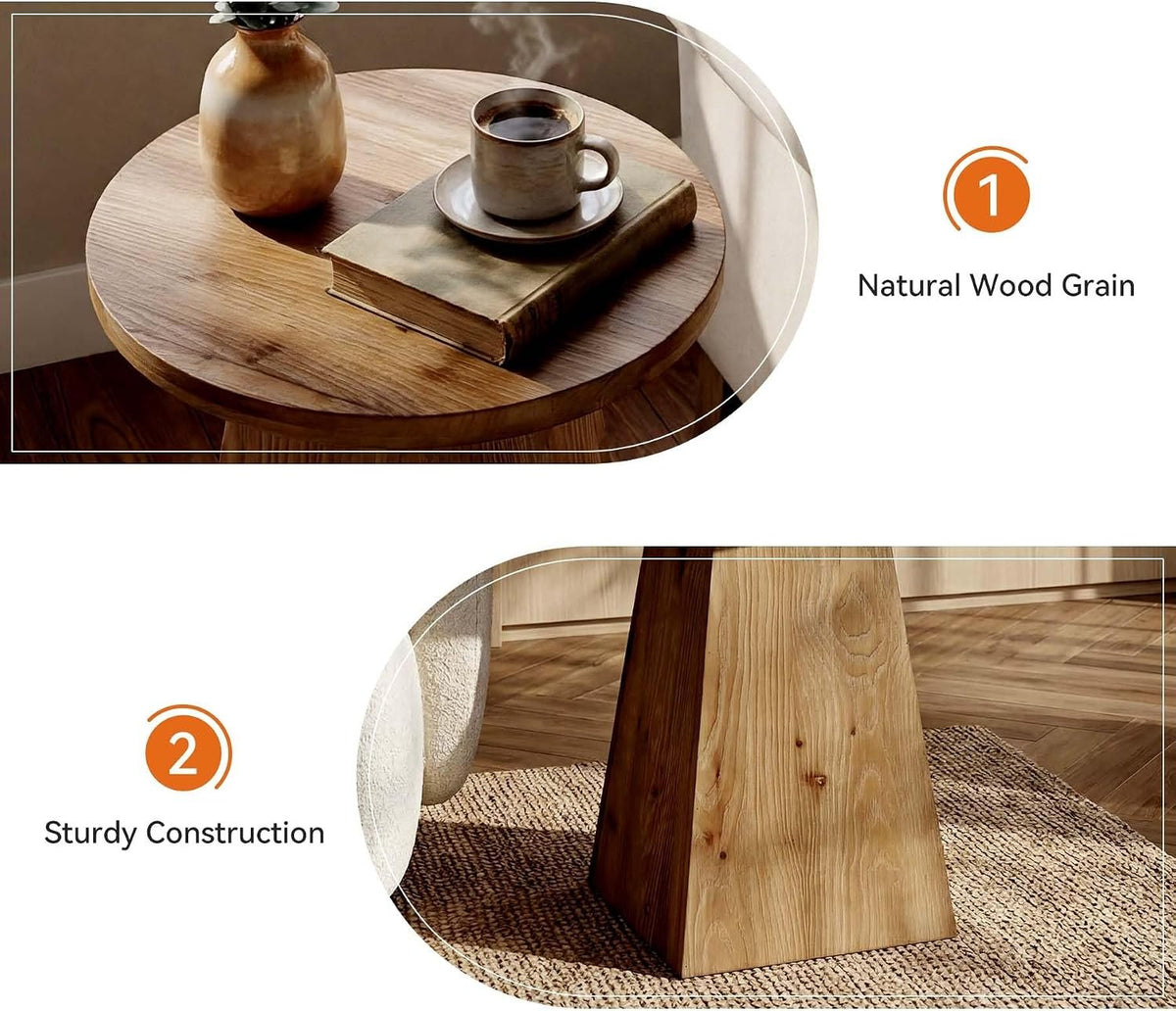 Tribesigns Mesa auxiliar redonda de madera maciza con estructura trapezoidal, mesa de sofá compacta