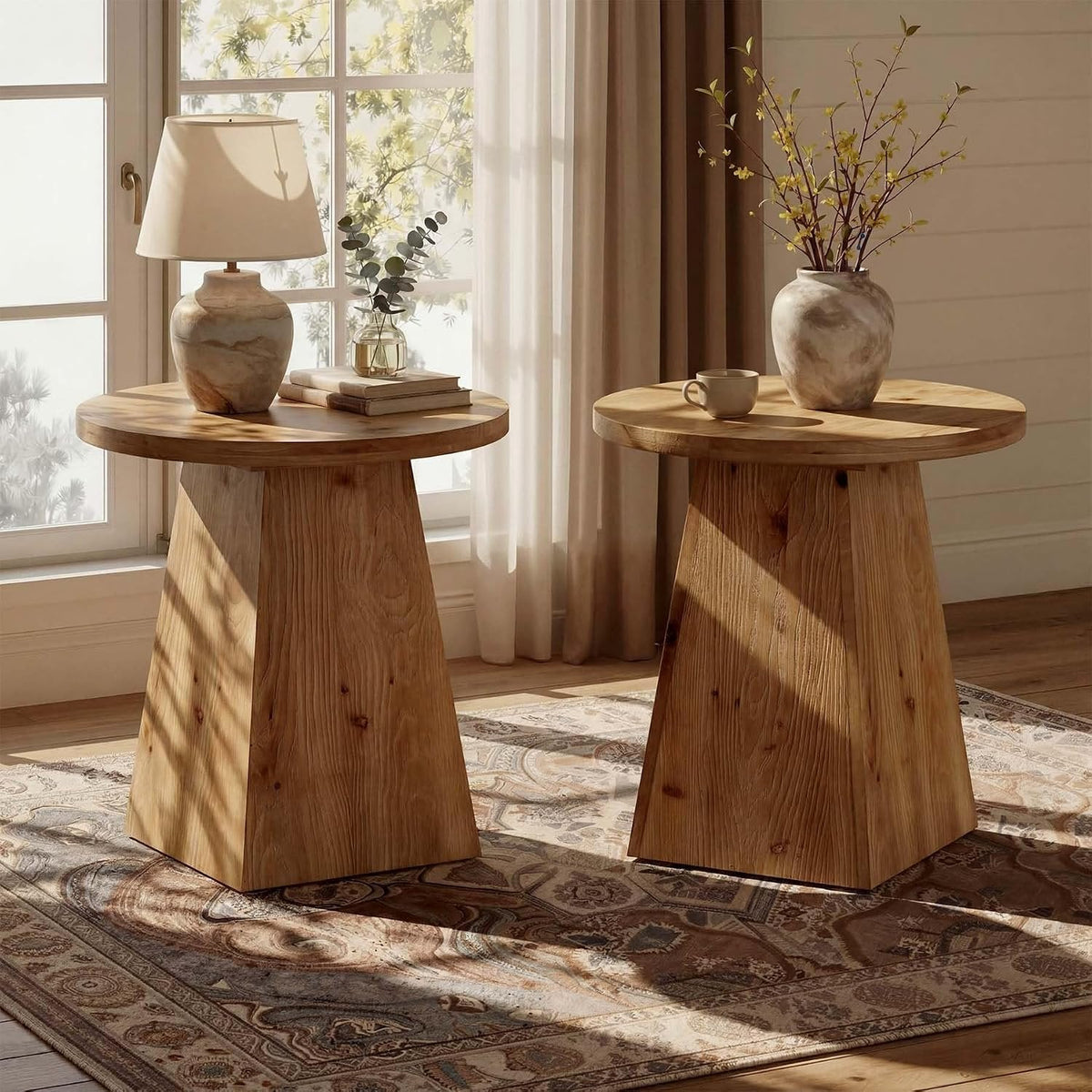 Tribesigns Mesa auxiliar redonda de madera maciza con estructura trapezoidal, mesa de sofá compacta
