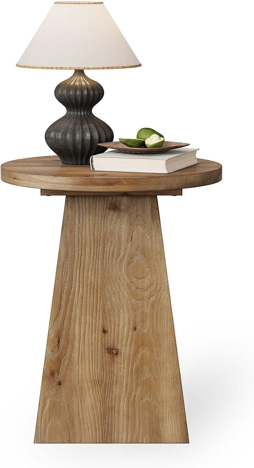 Tribesigns Mesa auxiliar redonda de madera maciza con estructura trapezoidal, mesa de sofá compacta