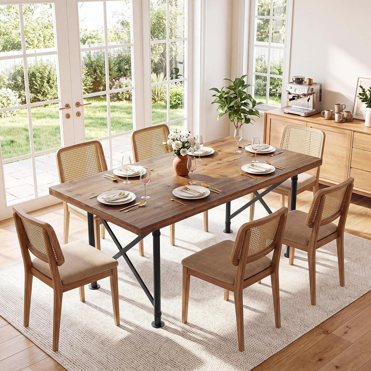 Mesa de comedor de madera maciza de 160 cm con patas de metal, marrón rústico