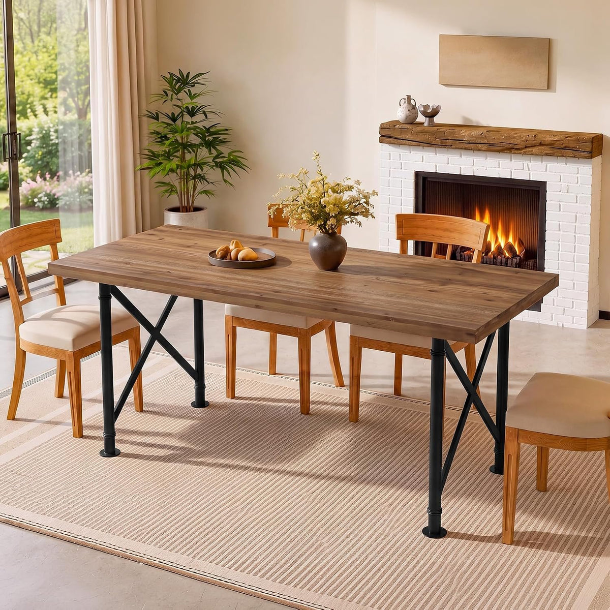 Mesa de comedor de madera maciza de 160 cm con patas de metal, marrón rústico