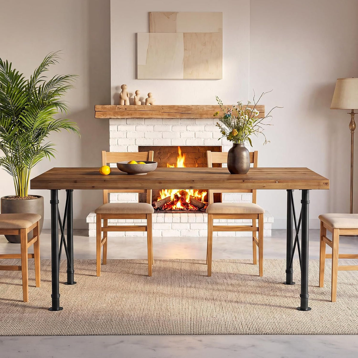 Mesa de comedor de madera maciza de 160 cm con patas de metal, marrón rústico