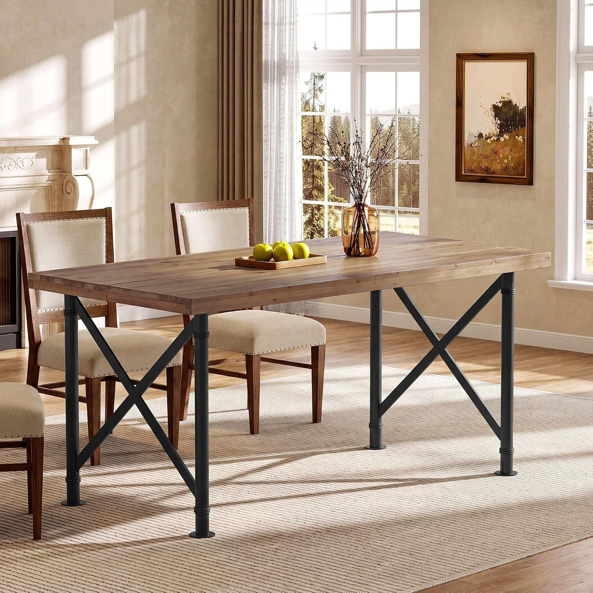 Mesa de comedor de madera maciza de 160 cm con patas de metal, marrón rústico