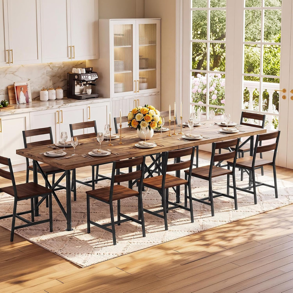 Mesa de comedor de madera maciza de 160 cm con patas de metal, marrón rústico