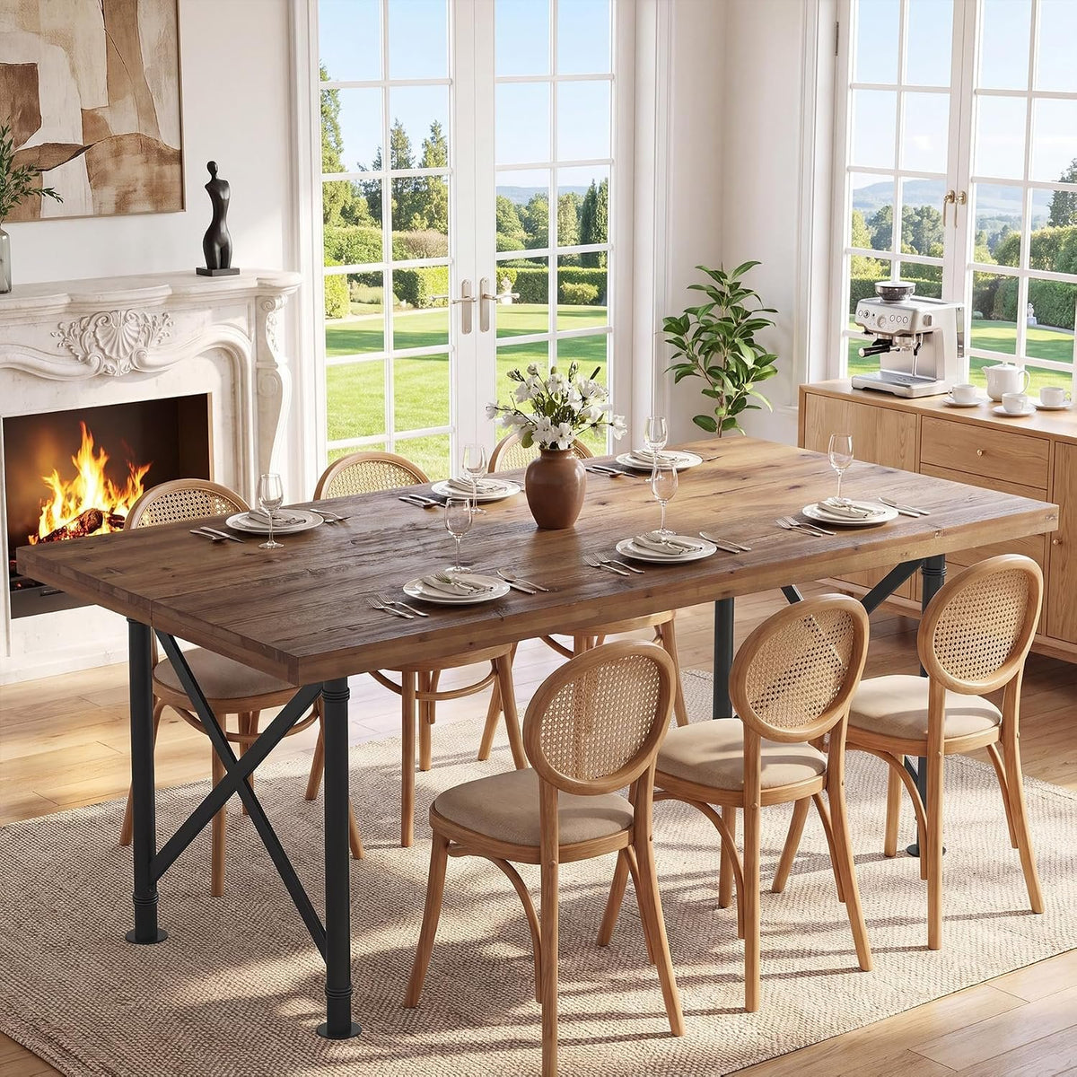 Mesa de comedor de madera maciza de 160 cm con patas de metal, marrón rústico