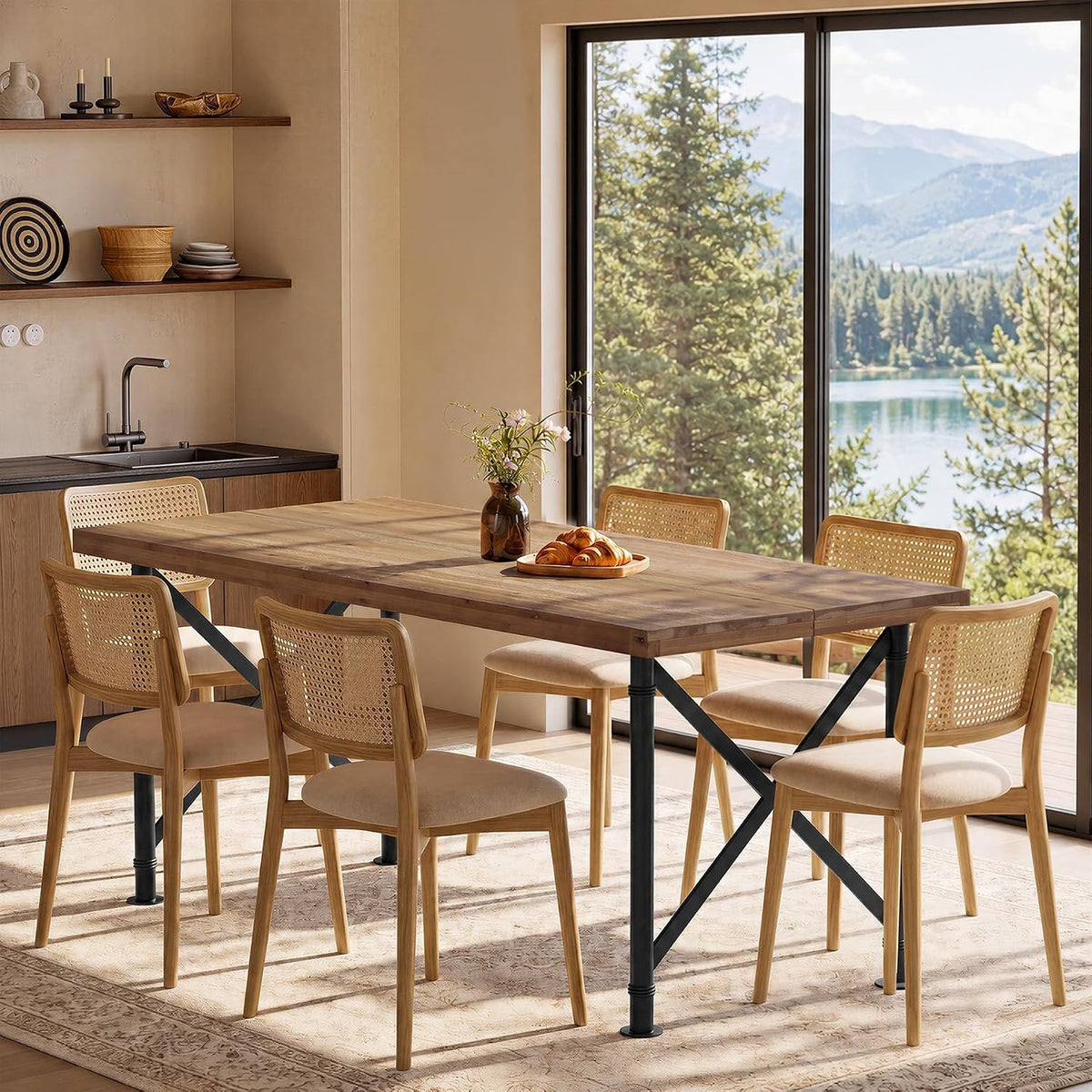 Mesa de comedor de madera maciza de 160 cm con patas de metal, marrón rústico