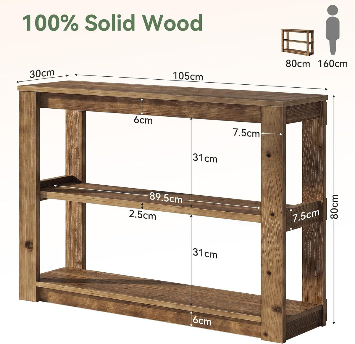 Consola de madera maciza, Mesa auxiliar de 105 cm con espacio de almacenamiento Mesa rectangular para colocar detrás del sofá