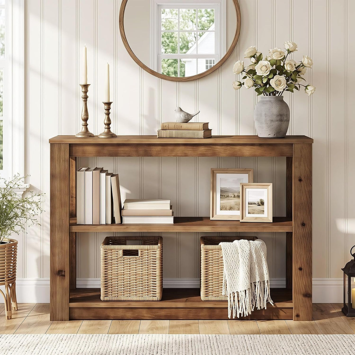 Consola de madera maciza, Mesa auxiliar de 105 cm con espacio de almacenamiento Mesa rectangular para colocar detrás del sofá