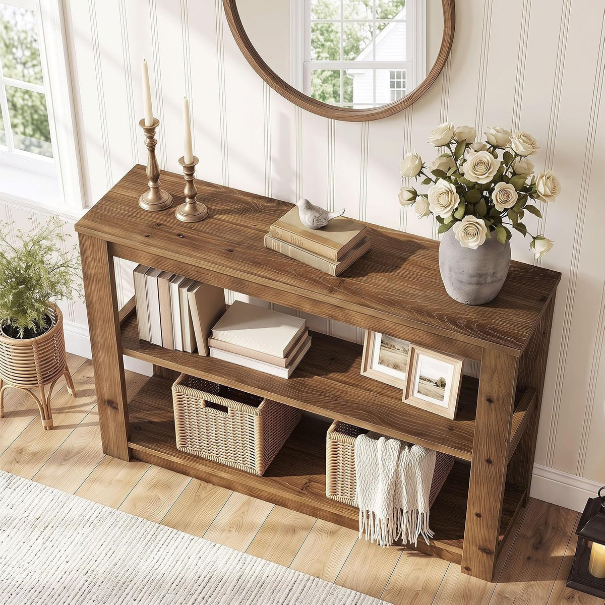 Consola de madera maciza, Mesa auxiliar de 105 cm con espacio de almacenamiento Mesa rectangular para colocar detrás del sofá