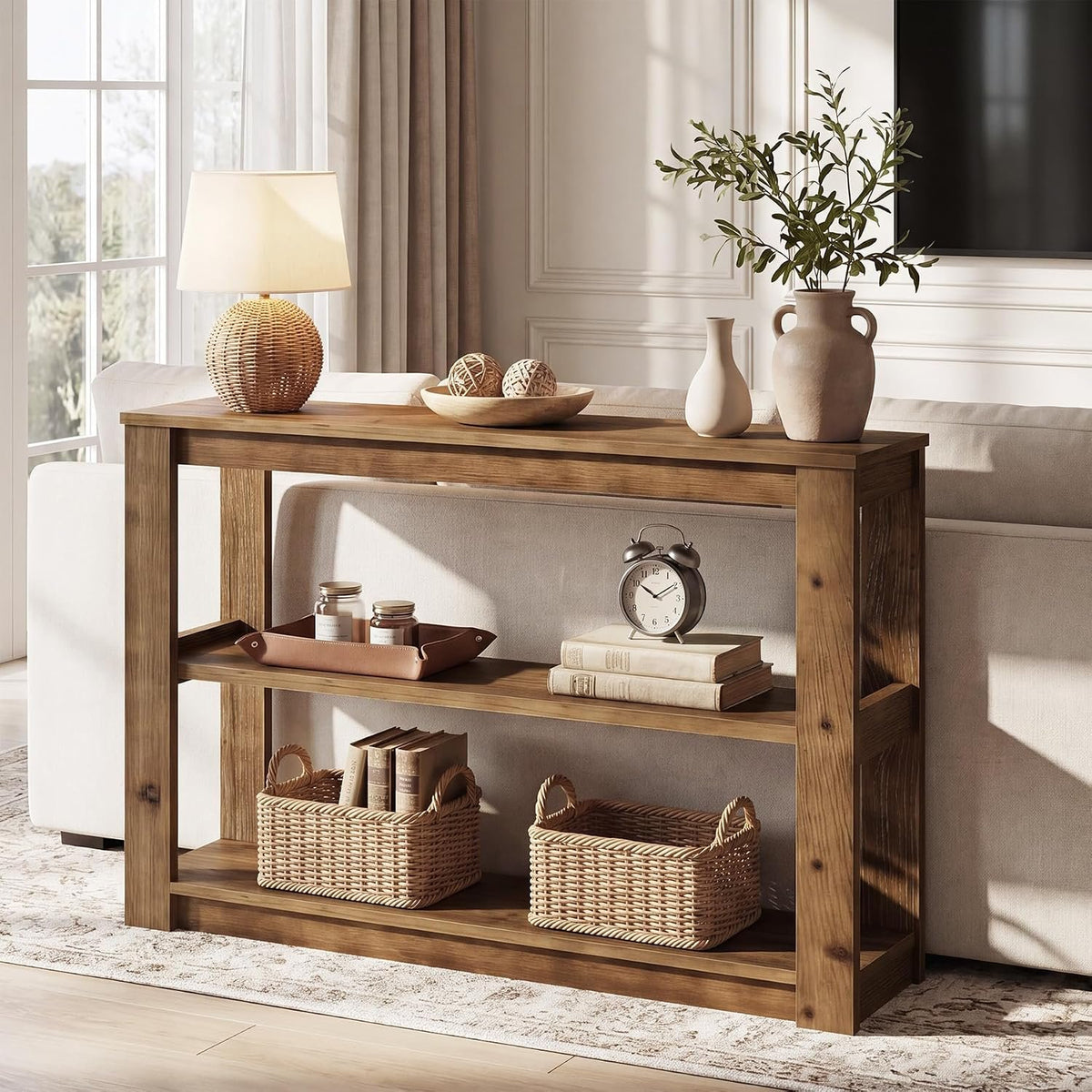 Consola de madera maciza, Mesa auxiliar de 105 cm con espacio de almacenamiento Mesa rectangular para colocar detrás del sofá