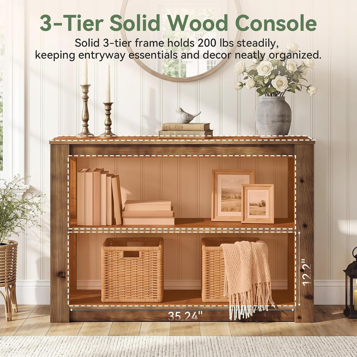 Consola de madera maciza, Mesa auxiliar de 105 cm con espacio de almacenamiento Mesa rectangular para colocar detrás del sofá