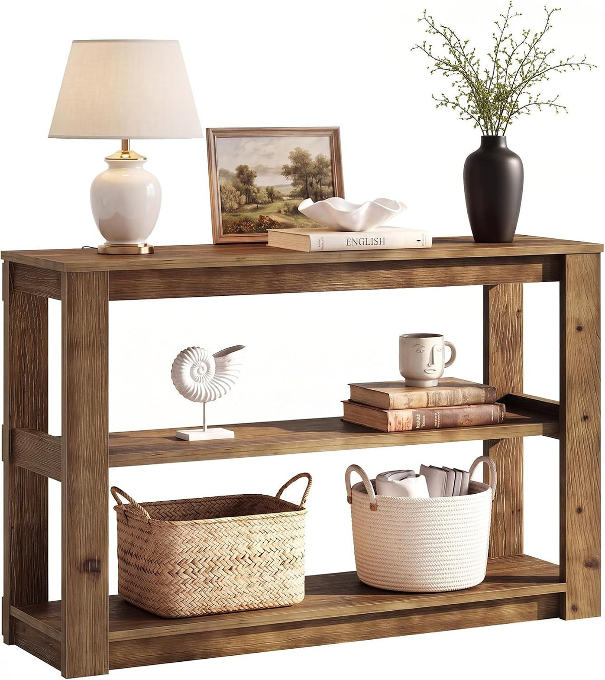 Consola de madera maciza, Mesa auxiliar de 105 cm con espacio de almacenamiento Mesa rectangular para colocar detrás del sofá