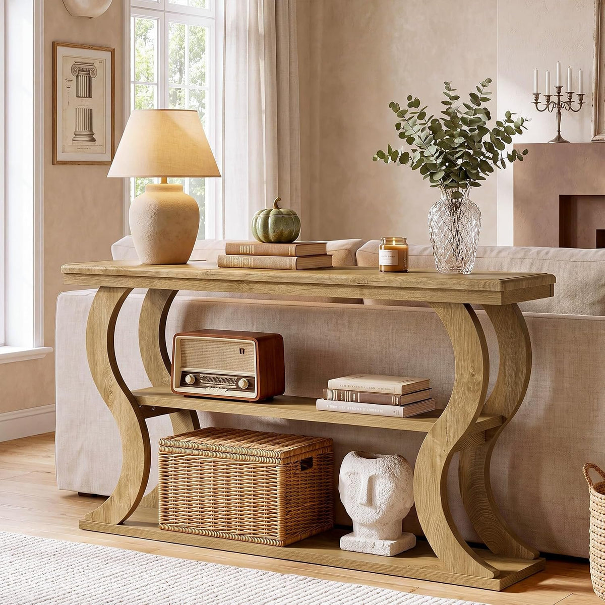 Tribesigns Mesa consola de 140 cm con 3 estantes, Estrecha para colocar detrás del sofá Estilo rústico moderno, ideal para salón, pasillo y recibidor
