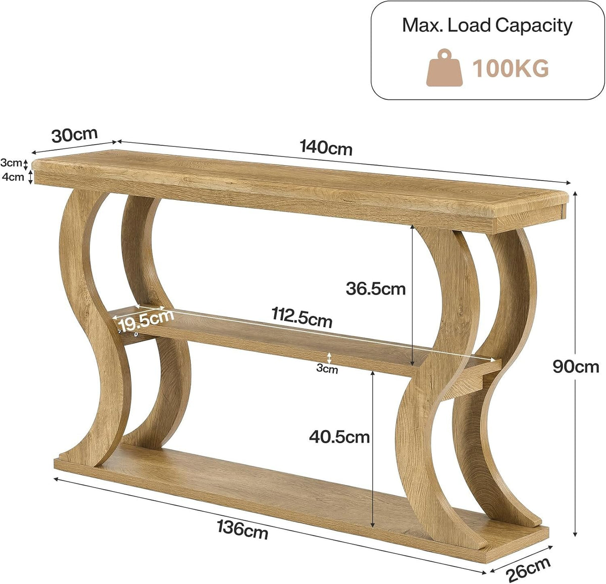 Tribesigns Mesa consola de 140 cm con 3 estantes, Estrecha para colocar detrás del sofá Estilo rústico moderno, ideal para salón, pasillo y recibidor