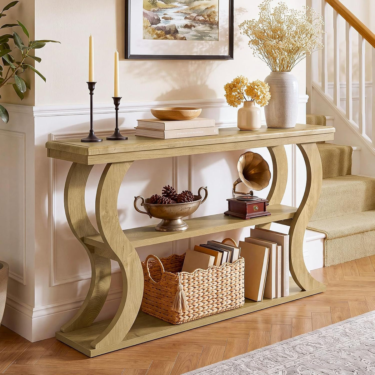 Tribesigns Mesa consola de 140 cm con 3 estantes, Estrecha para colocar detrás del sofá Estilo rústico moderno, ideal para salón, pasillo y recibidor