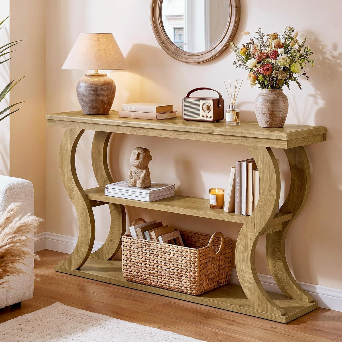 Tribesigns Mesa consola de 140 cm con 3 estantes, Estrecha para colocar detrás del sofá Estilo rústico moderno, ideal para salón, pasillo y recibidor