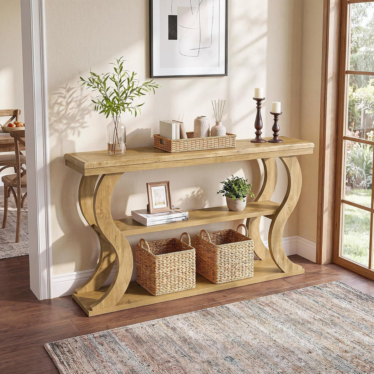 Tribesigns Mesa consola de 140 cm con 3 estantes, Estrecha para colocar detrás del sofá Estilo rústico moderno, ideal para salón, pasillo y recibidor