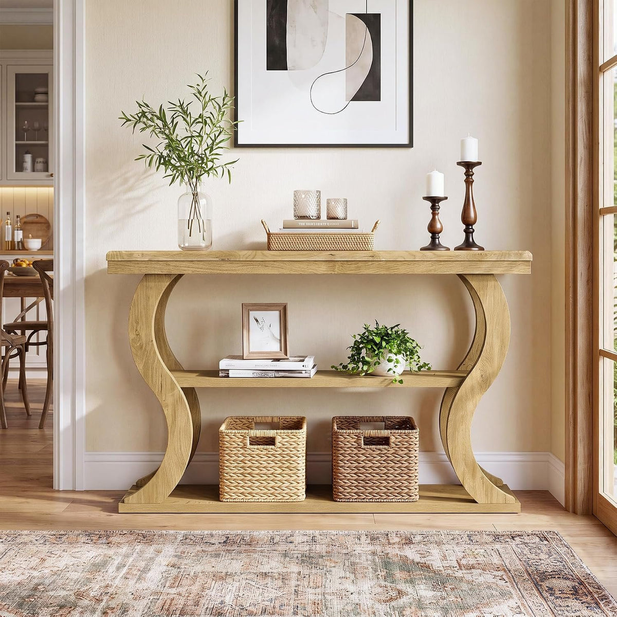 Tribesigns Mesa consola de 140 cm con 3 estantes, Estrecha para colocar detrás del sofá Estilo rústico moderno, ideal para salón, pasillo y recibidor