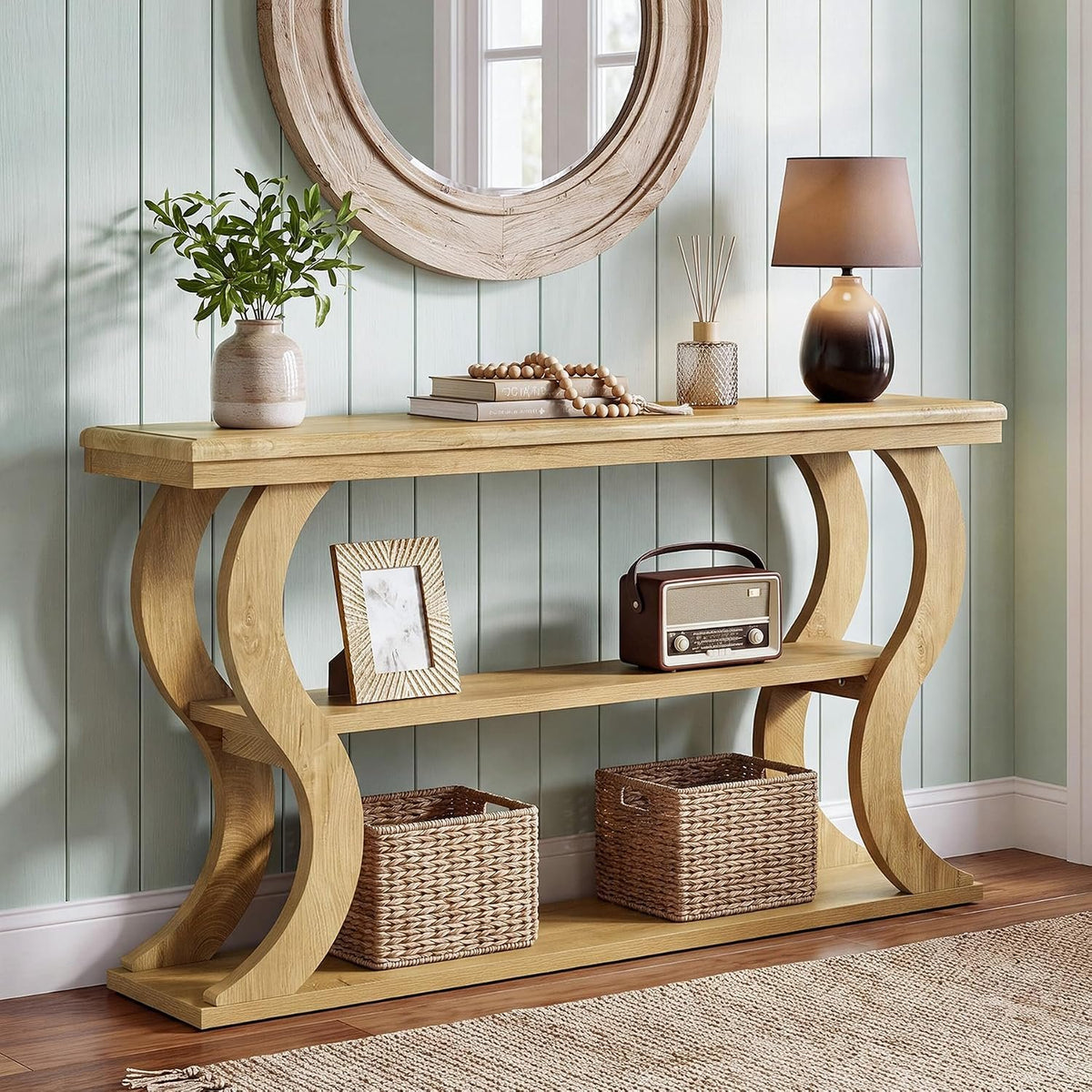 Tribesigns Mesa consola de 140 cm con 3 estantes, Estrecha para colocar detrás del sofá Estilo rústico moderno, ideal para salón, pasillo y recibidor