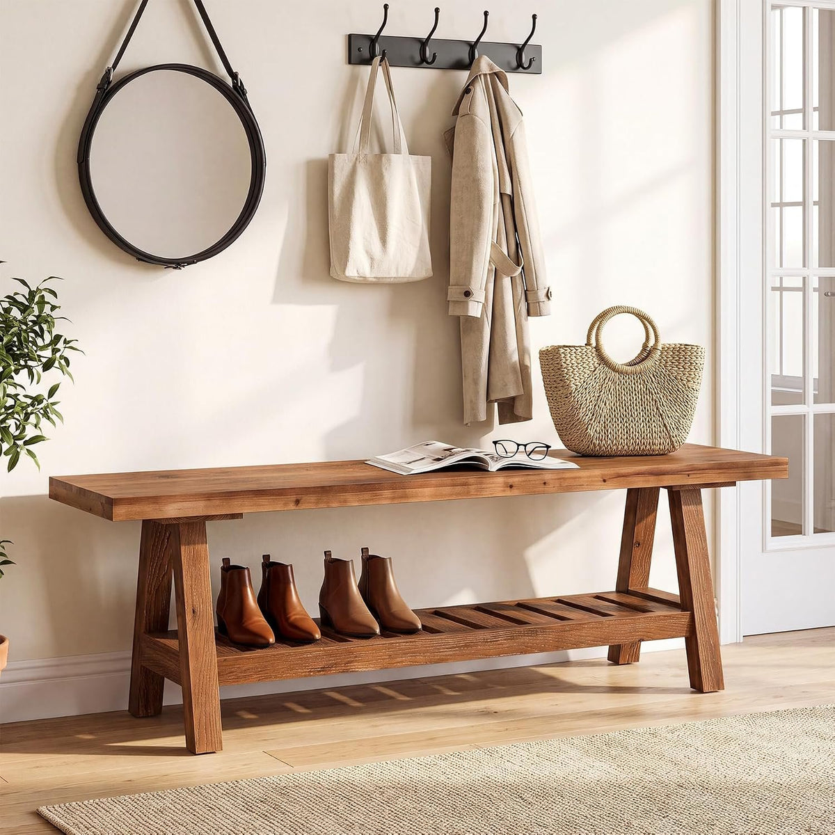 Banco de madera maciza de 140 cm para recibidor con estante y espacio para guardar zapatos