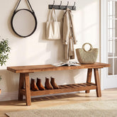 Banco de madera maciza de 140 cm para recibidor con estante y espacio para guardar zapatos 3