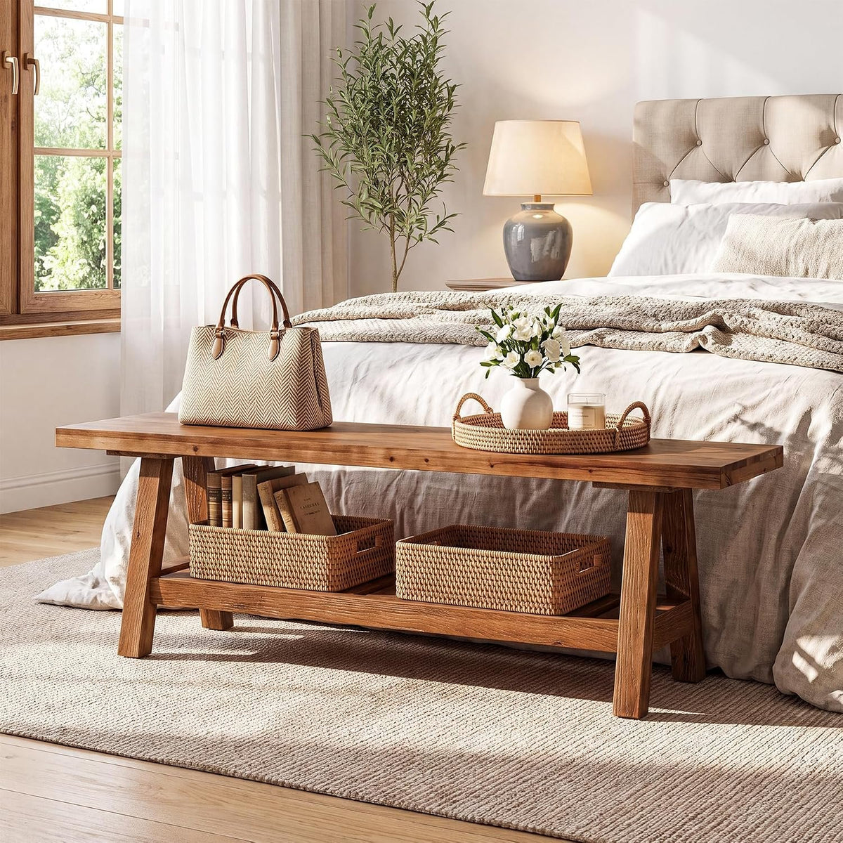 Banco de madera maciza de 140 cm para recibidor con estante y espacio para guardar zapatos