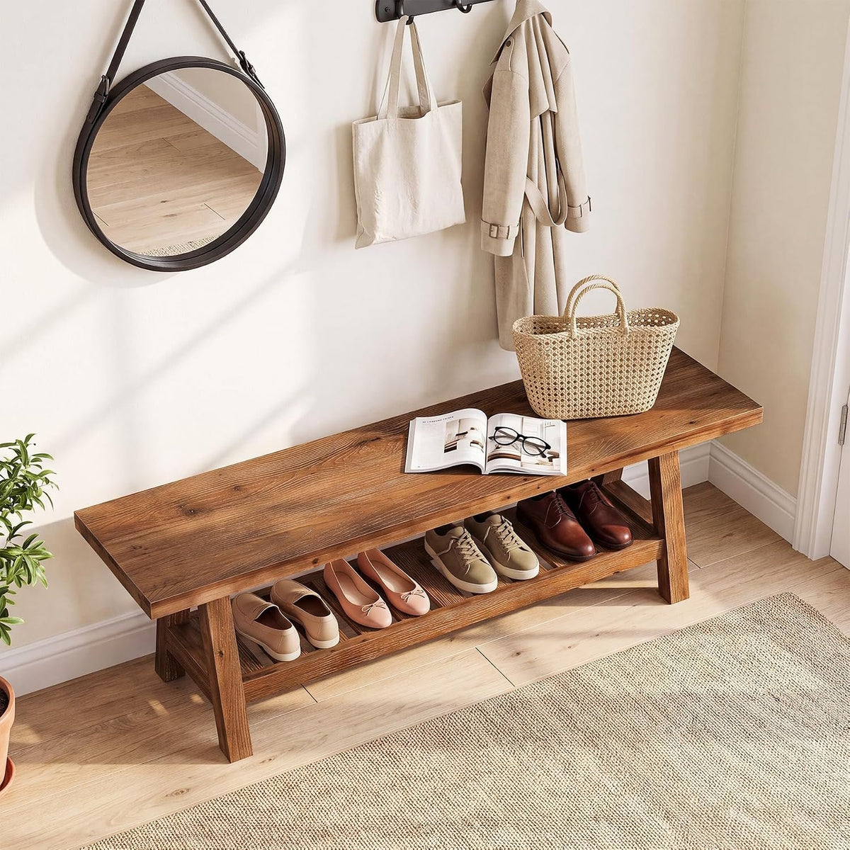 Banco de madera maciza de 140 cm para recibidor con estante y espacio para guardar zapatos