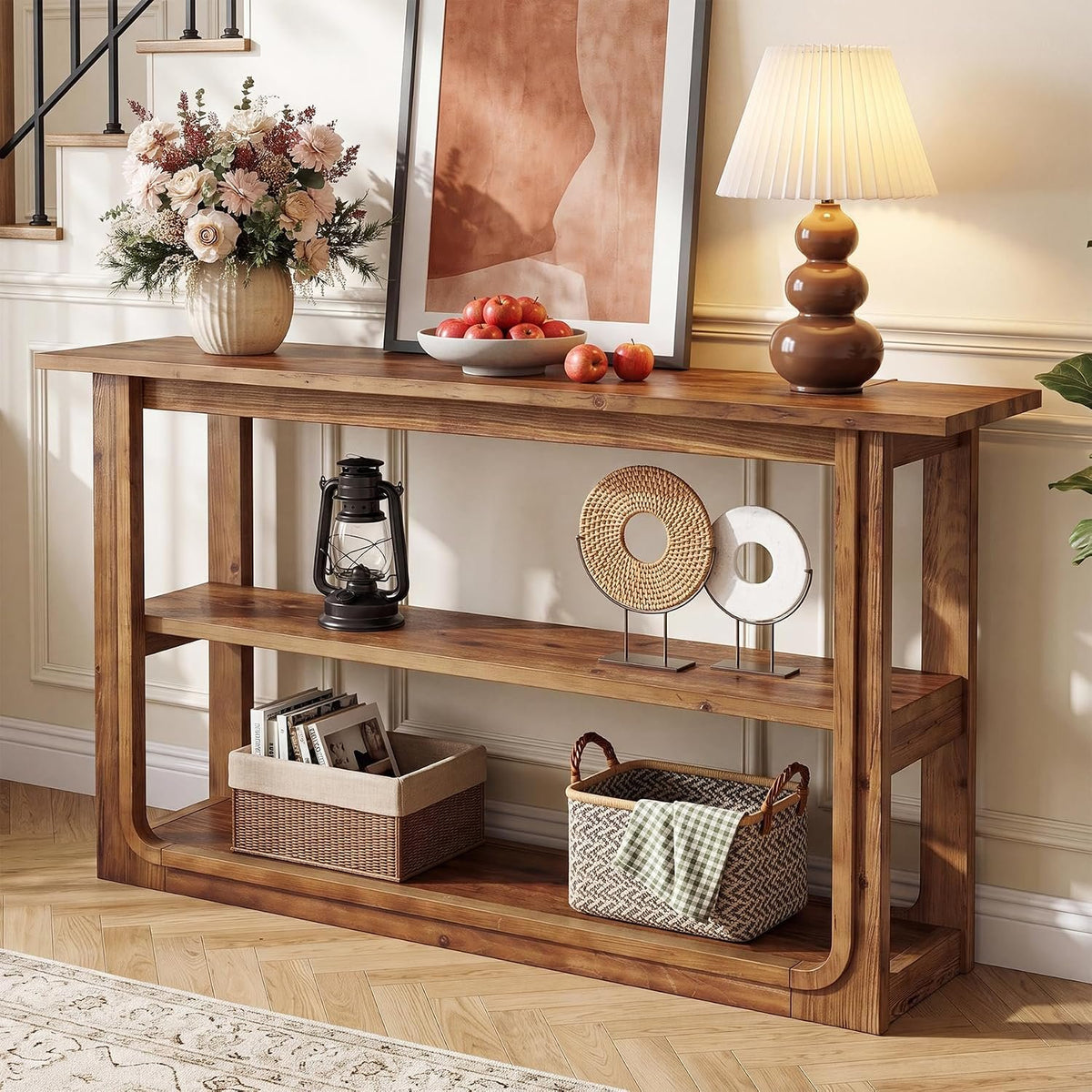 Mesa consola con 3 niveles, Mesa auxiliar estrecha de madera maciza para el pasillo Mesa de estilo rústico en color roble con estantes abiertos