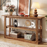 Mesa consola con 3 niveles, Mesa auxiliar estrecha de madera maciza para el pasillo Mesa de estilo rústico en color roble con estantes abiertos 3