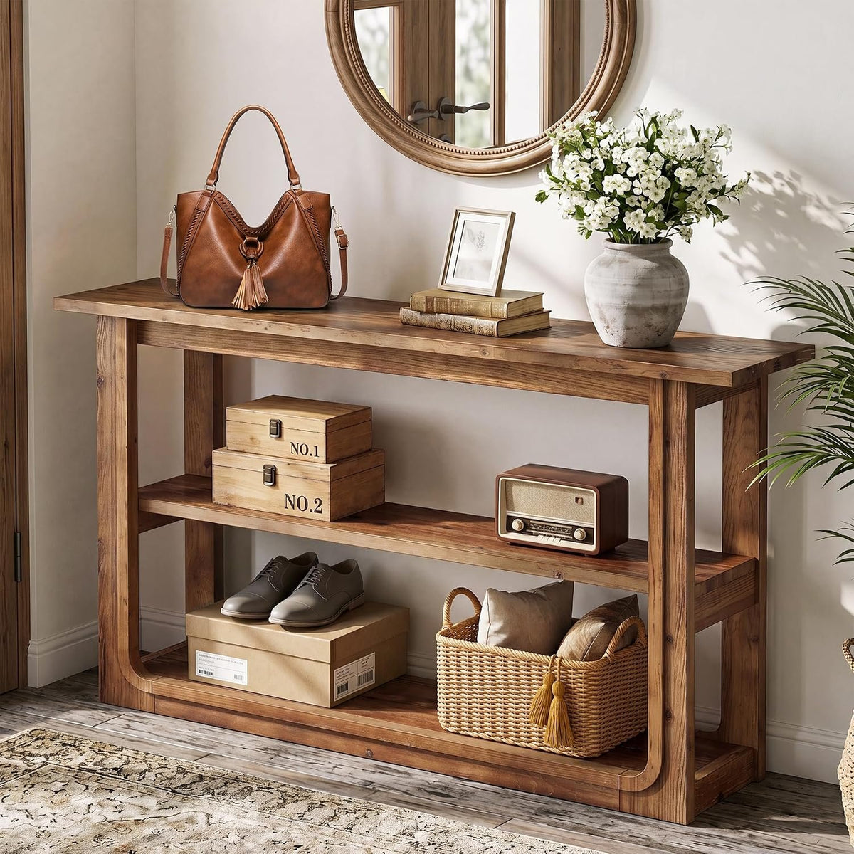 Mesa consola con 3 niveles, Mesa auxiliar estrecha de madera maciza para el pasillo Mesa de estilo rústico en color roble con estantes abiertos