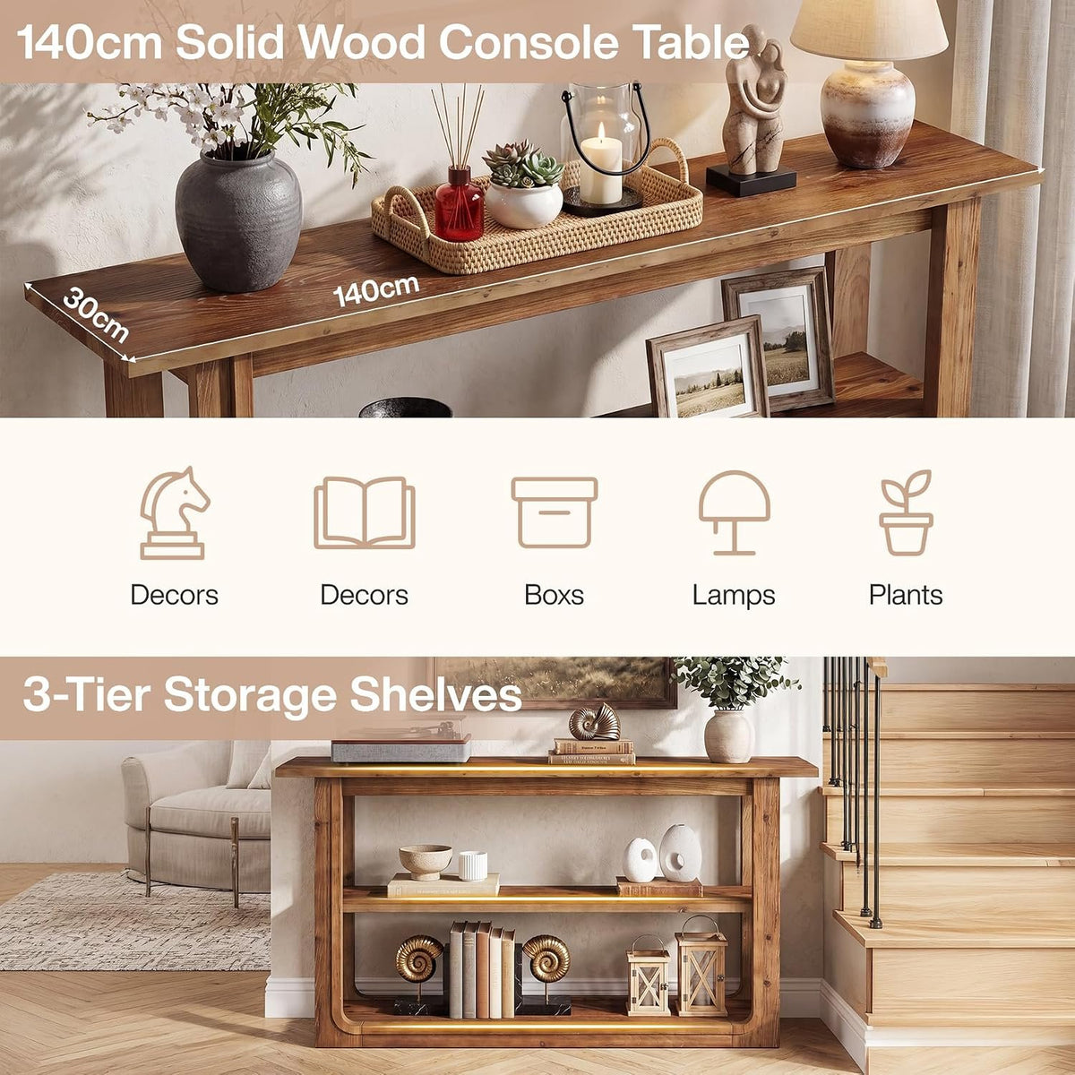 Mesa consola con 3 niveles, Mesa auxiliar estrecha de madera maciza para el pasillo Mesa de estilo rústico en color roble con estantes abiertos