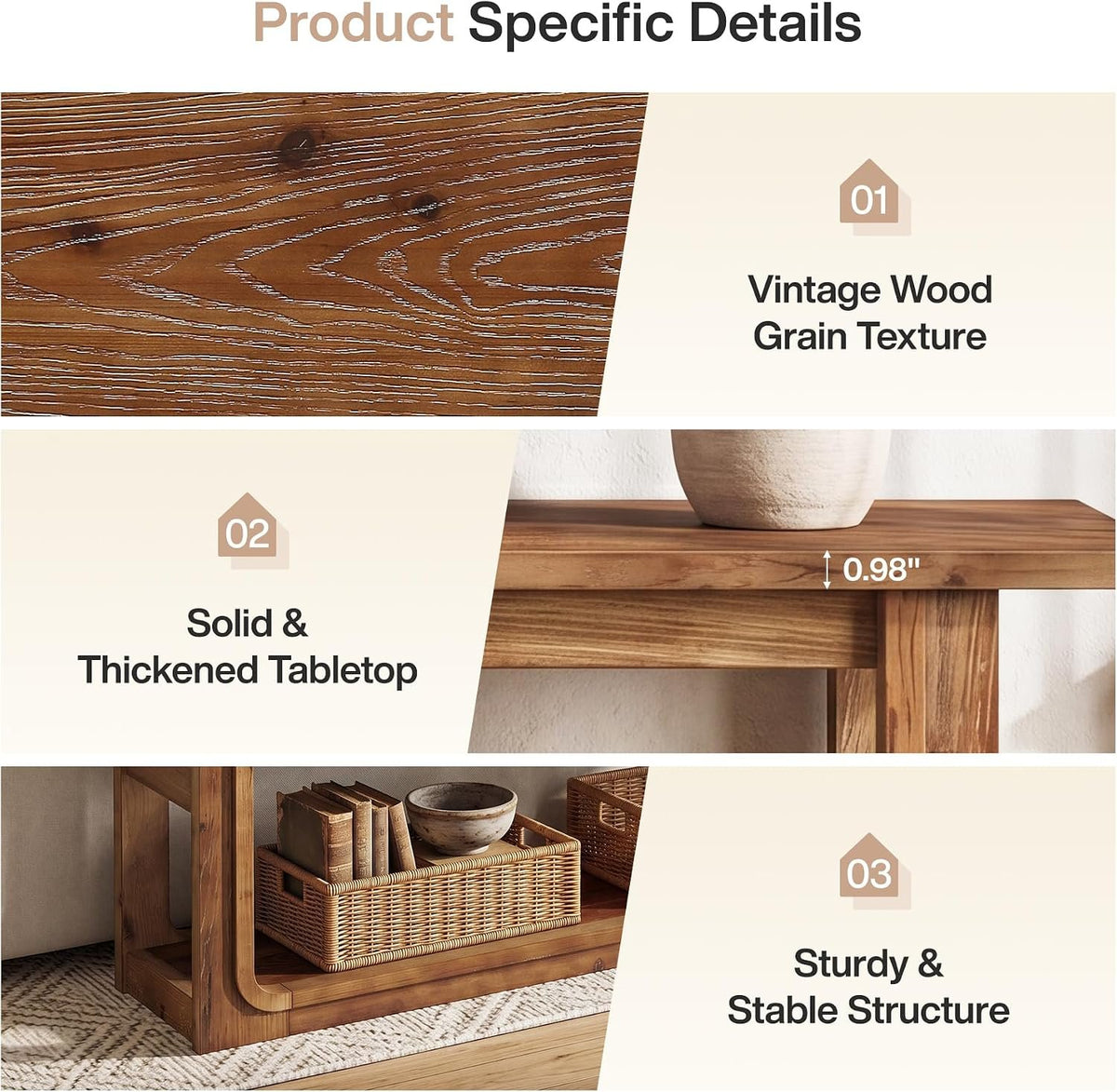 Mesa consola con 3 niveles, Mesa auxiliar estrecha de madera maciza para el pasillo Mesa de estilo rústico en color roble con estantes abiertos