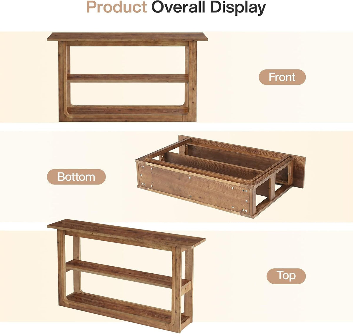 Mesa consola con 3 niveles, Mesa auxiliar estrecha de madera maciza para el pasillo Mesa de estilo rústico en color roble con estantes abiertos