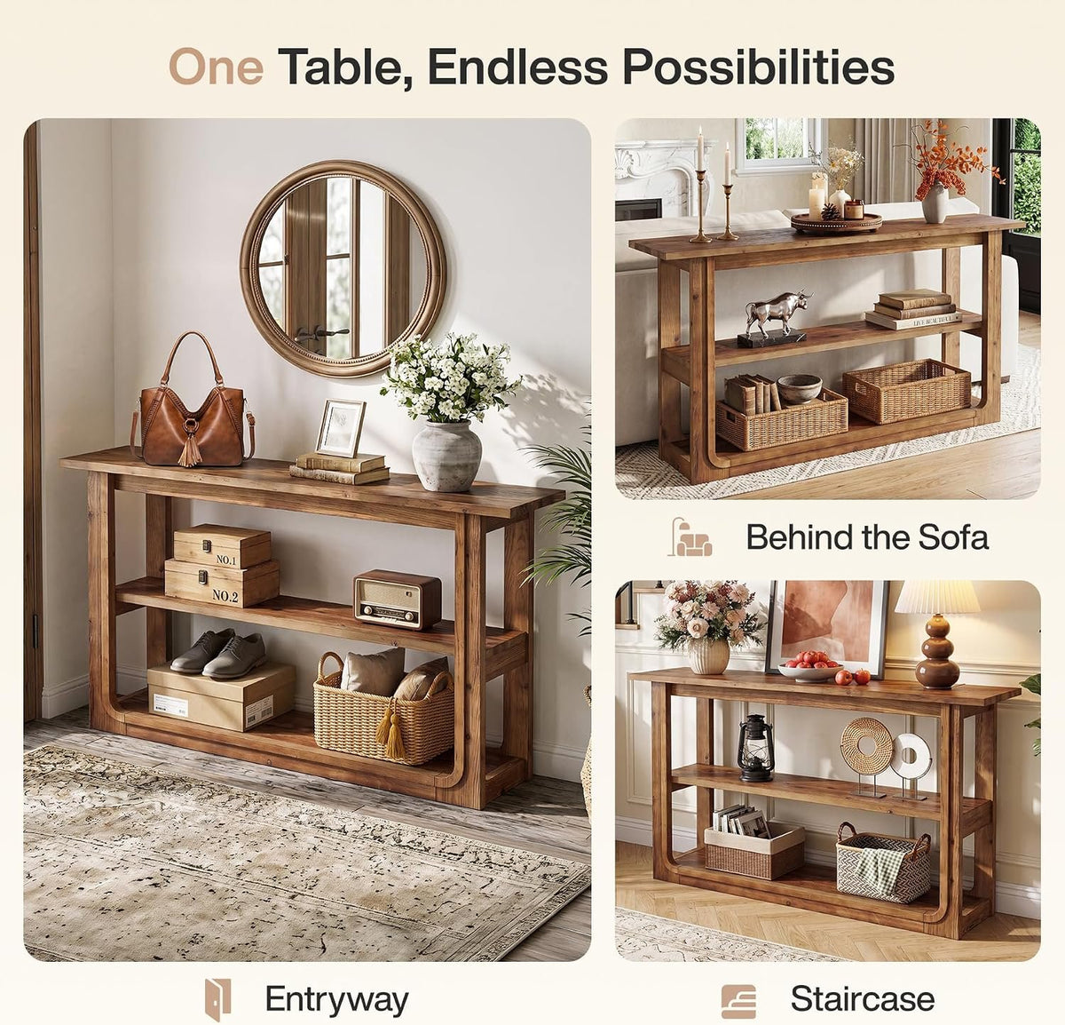 Mesa consola con 3 niveles, Mesa auxiliar estrecha de madera maciza para el pasillo Mesa de estilo rústico en color roble con estantes abiertos