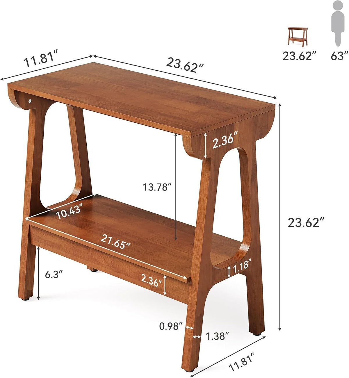 Mesa auxiliar de madera maciza con 2 estantes Mesita de noche esbelta de madera de caucho para salón, dormitorio o pasillo