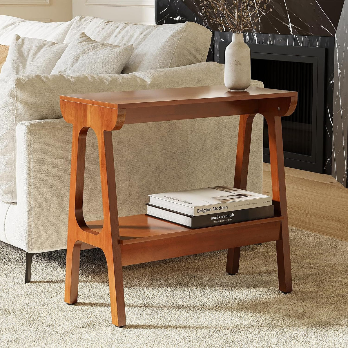 Mesa auxiliar de madera maciza con 2 estantes Mesita de noche esbelta de madera de caucho para salón, dormitorio o pasillo