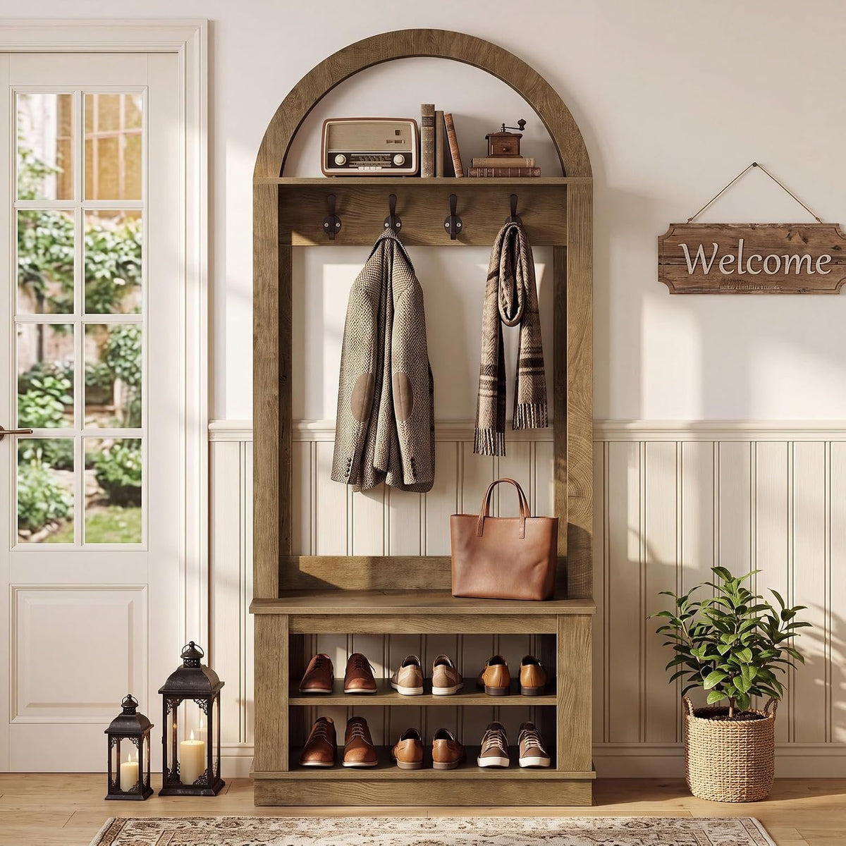 Tribesigns Perchero con banco y zapatero (12 ganchos, 80 x 35 x 180 cm) Mueble de recibidor con estante; diseño estilizado de estilo rústico