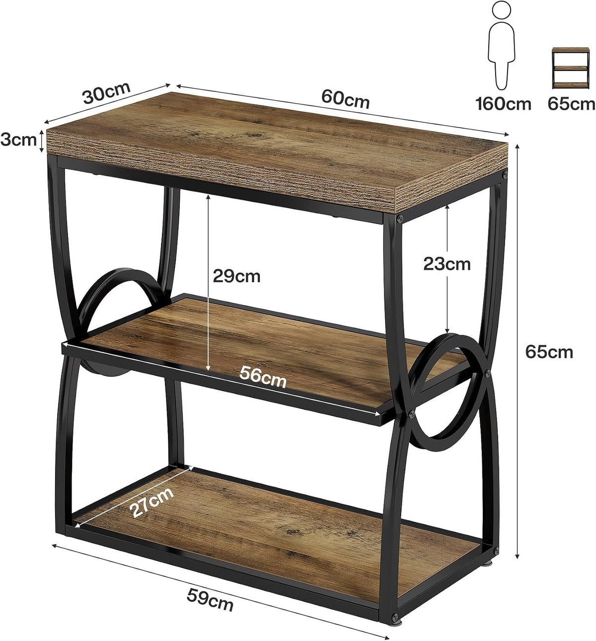 Tribesigns Mesa auxiliar estrecha con 3 estantes, Mesa de sofá de estilo industrial (madera y metal)