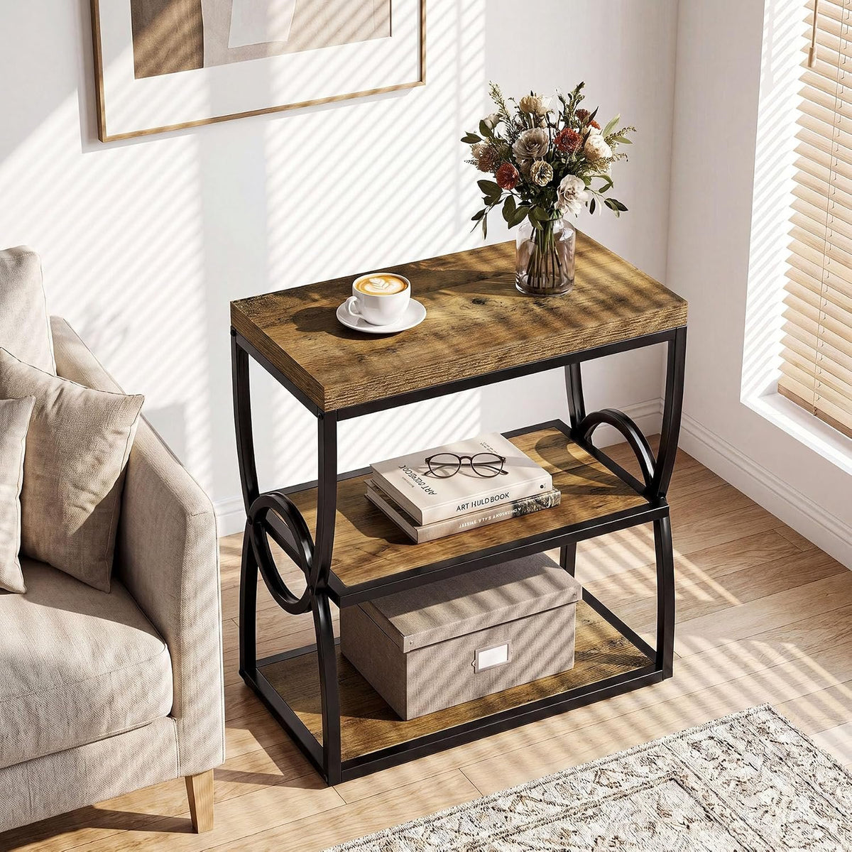 Tribesigns Mesa auxiliar estrecha con 3 estantes, Mesa de sofá de estilo industrial (madera y metal)