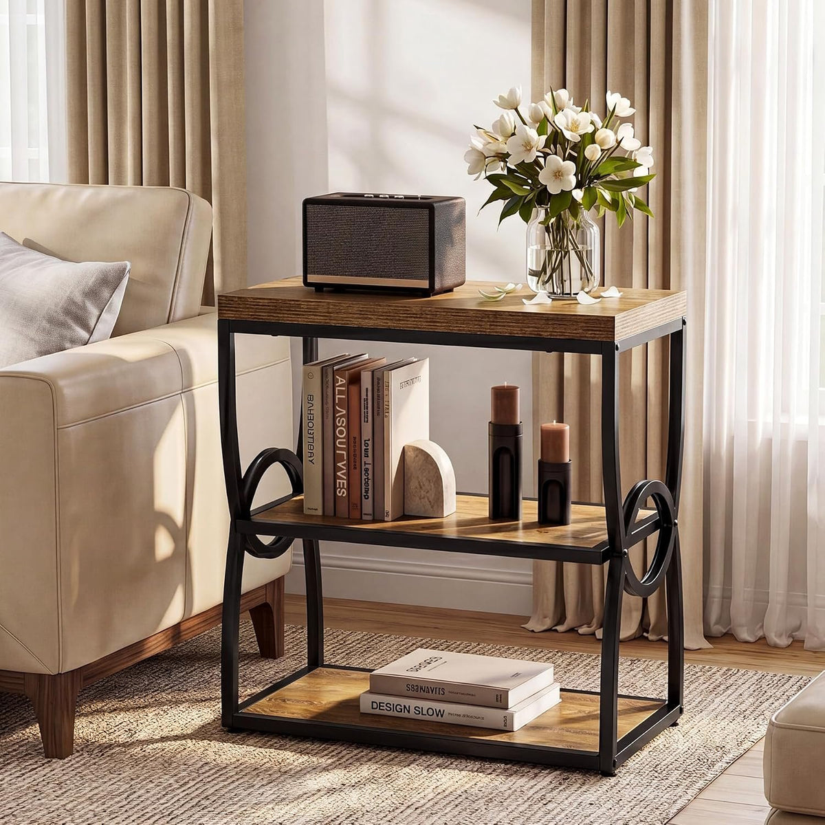 Tribesigns Mesa auxiliar estrecha con 3 estantes, Mesa de sofá de estilo industrial (madera y metal)