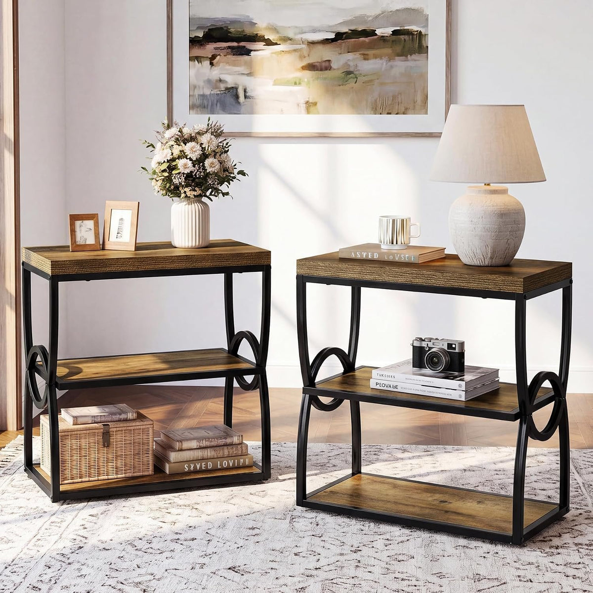 Tribesigns Mesa auxiliar estrecha con 3 estantes, Mesa de sofá de estilo industrial (madera y metal)