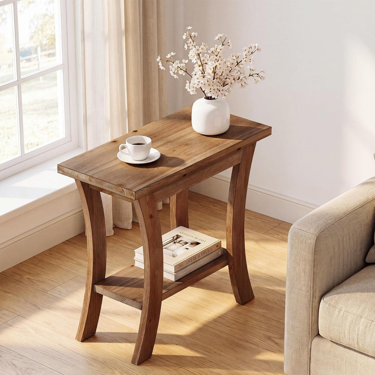 Tribesigns Mesa auxiliar de madera maciza con estante, Mesa de sofá estrecha de estilo rústico