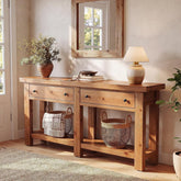 Consola de madera maciza de 160 cm de largo con dos cajones, Mesa auxiliar estrecha con estante; estilo rústico 3