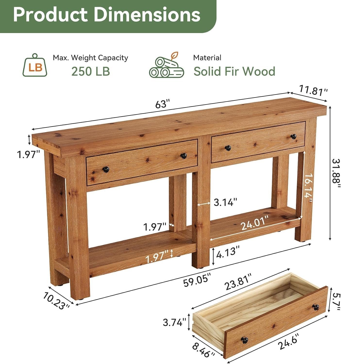 Consola de madera maciza de 160 cm de largo con dos cajones, Mesa auxiliar estrecha con estante; estilo rústico