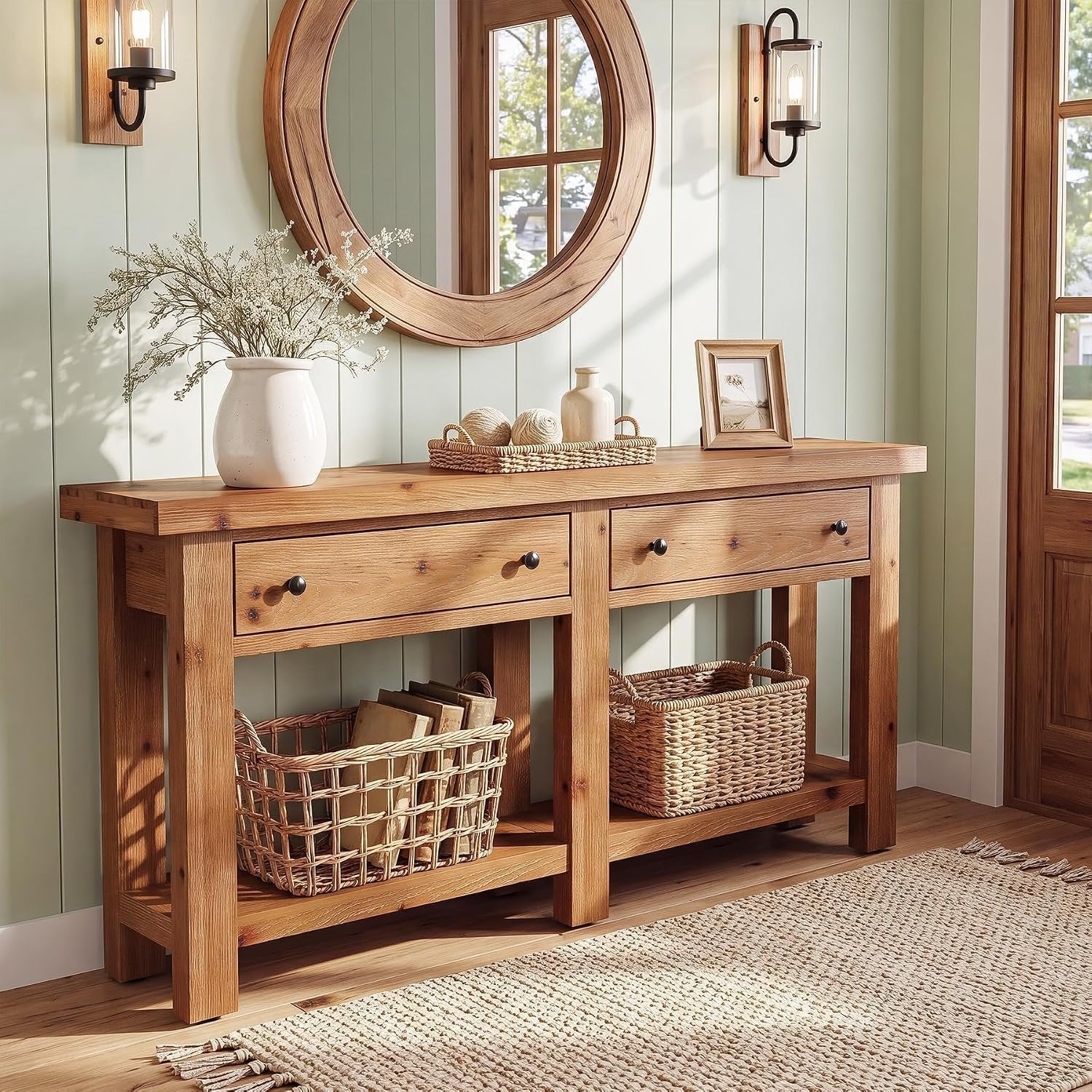 Consola de madera maciza de 160 cm de largo con dos cajones, Mesa auxiliar estrecha con estante; estilo rústico