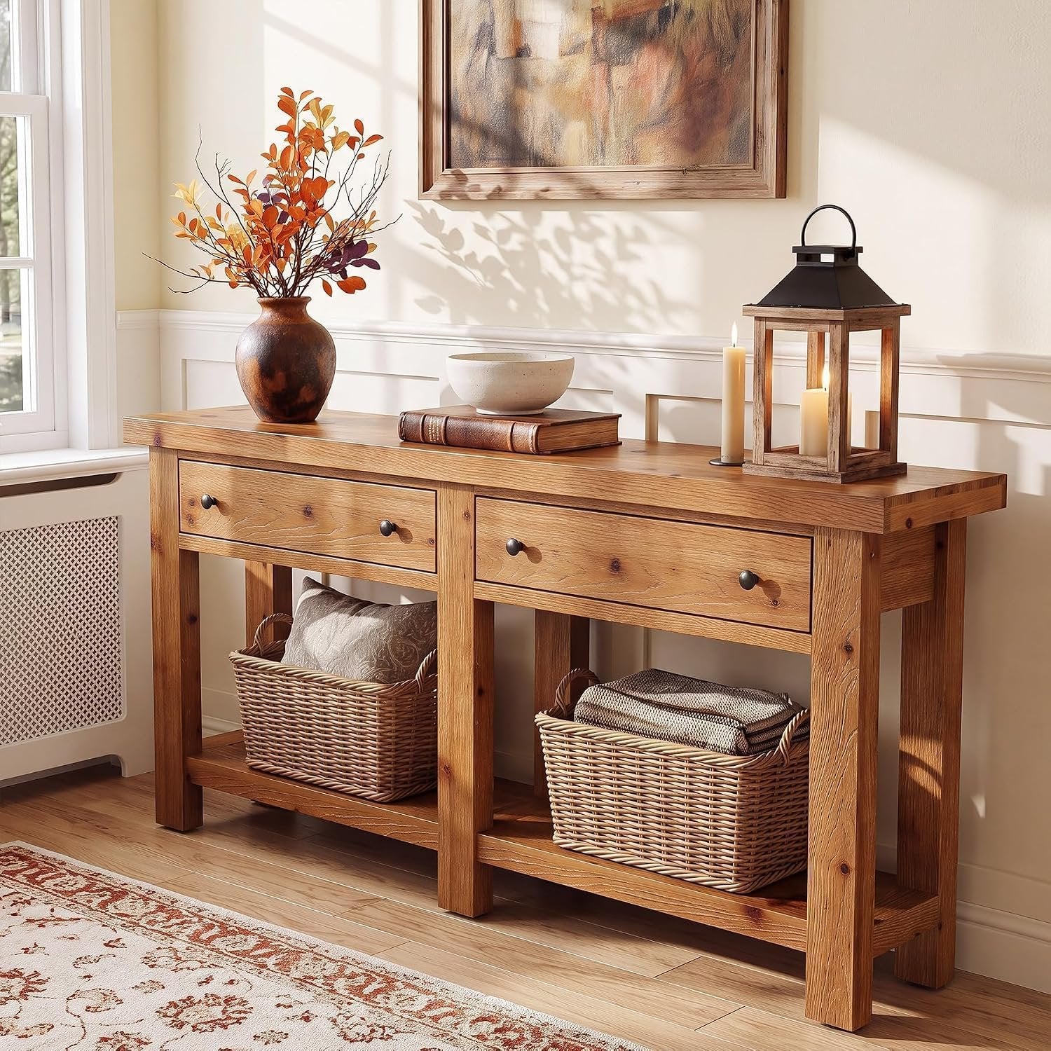 Consola de madera maciza de 160 cm de largo con dos cajones, Mesa auxiliar estrecha con estante; estilo rústico